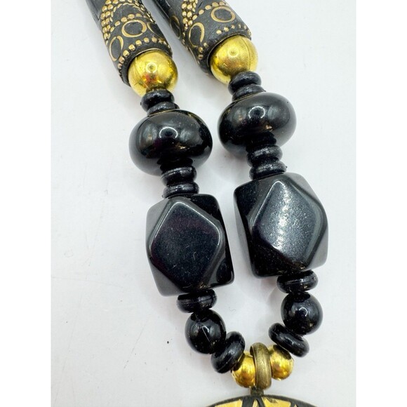 Vintage Brass Inlay Black Chunky Bohemian Necklace Large Pendant Tribal Ethnic - Picture 6 of 13
